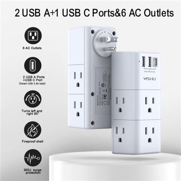 USB Multi Plug Outlet Extender - Surge Protector with Rotating Plug, 6 AC Plug - Picture 2 of 8